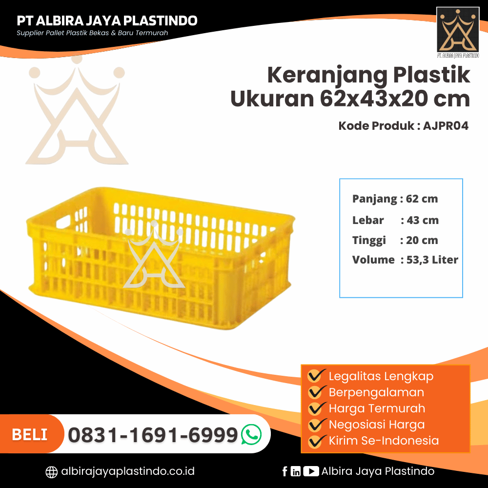 Keranjang Plastik Baru Ukuran 62x43x20 cm Kapasitas 53,3 Liter - AJPR04