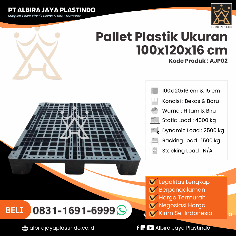 Pallet Plastik Bekas/Baru Ukuran 100x120x16 cm - AJP02