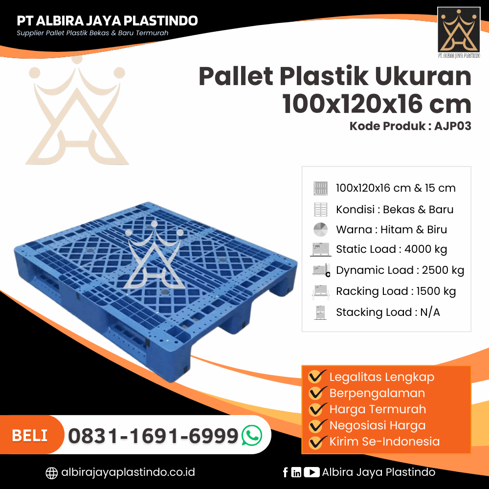 Pallet Plastik Bekas/Baru Ukuran 100x120x16 cm - AJP03