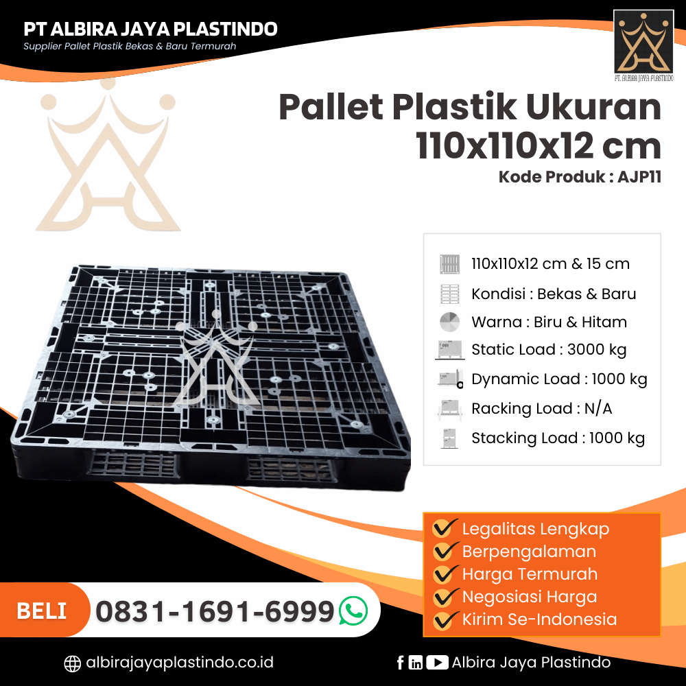 Pallet Plastik Bekas/Baru Ukuran 110x110x12 cm - AJP11