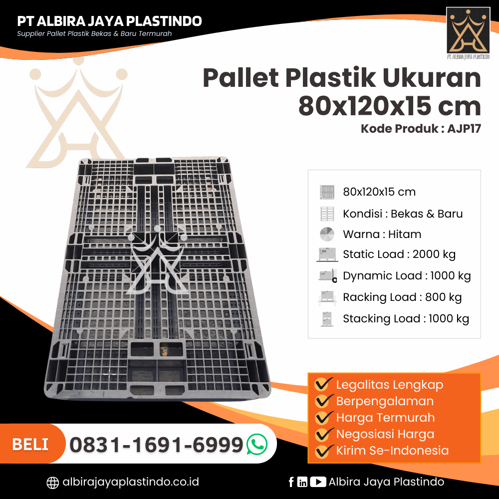 Pallet Plastik Bekas/Baru Ukuran 80x120x15 cm - AJP17