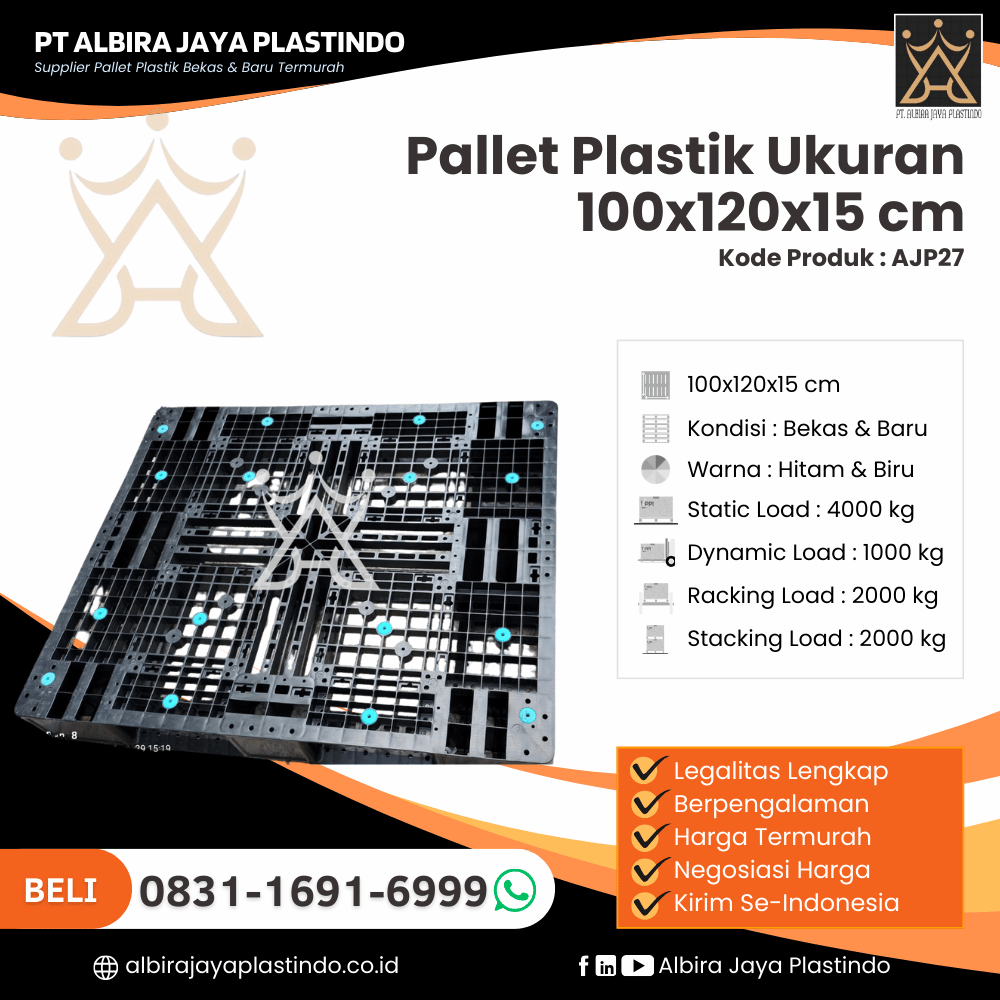 Pallet Plastik Bekas/Baru Ukuran 100x120x15 cm - AJP27