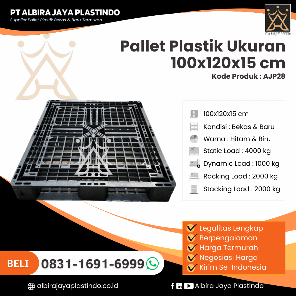 Pallet Plastik Bekas/Baru Ukuran 100x120x15 cm - AJP28
