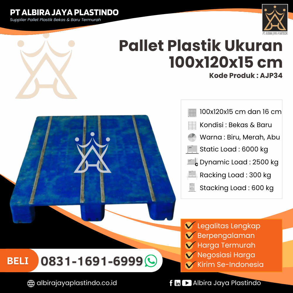 Pallet Plastik Bekas/Baru Ukuran 100x120x15 cm - AJP34