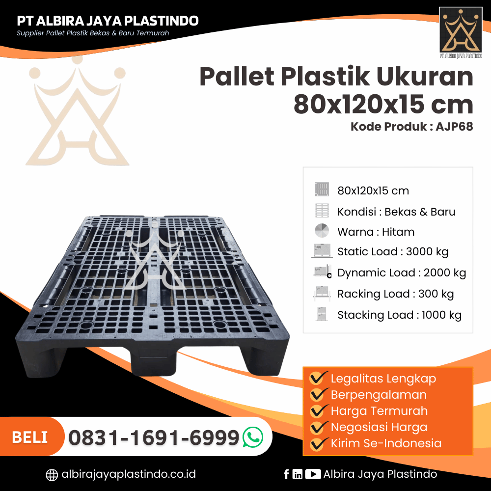 Pallet Plastik Bekas/Baru Ukuran 80x120x15 cm - AJP68